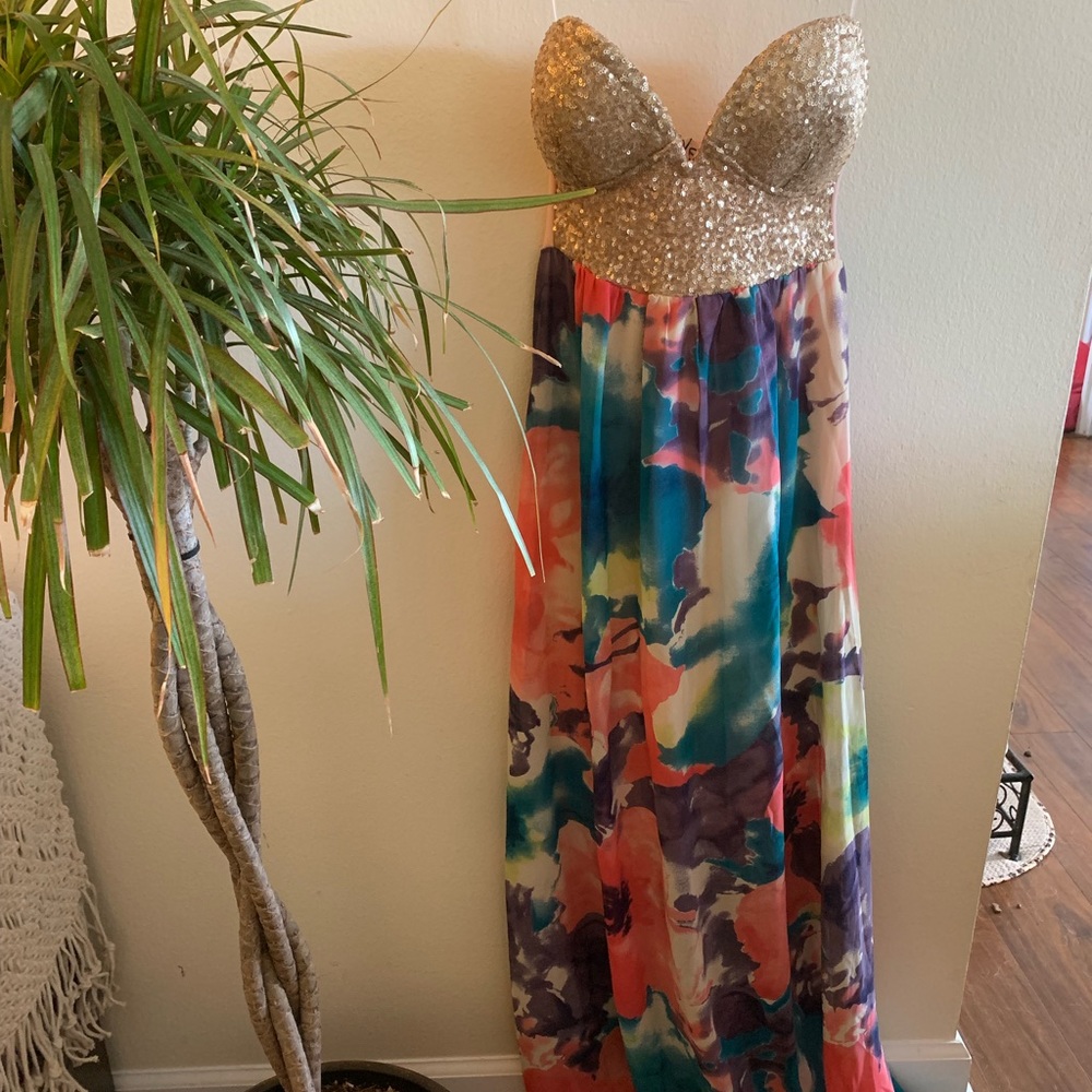 Gold Sequin & Floral strapless Maxi